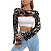 Mincib Womens Crochet Shrug Y2K Hollow Out Bolero Shrug See Through Cropped Knit Sweater Top