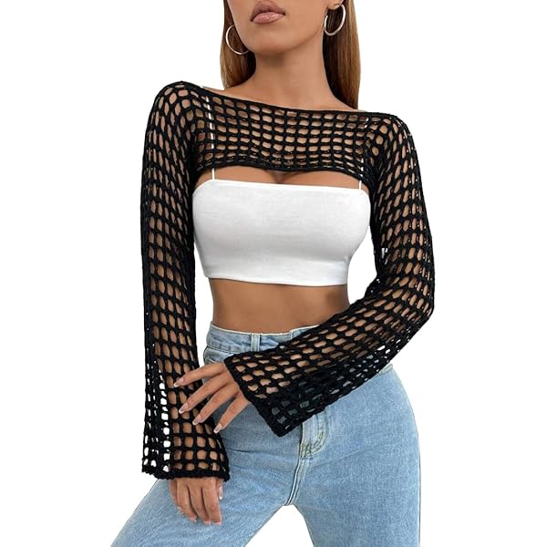 CAMNOW Womens Crochet Crop Tops Y2k Knit Shrug Sweater Hollow Out