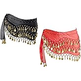 Hitopin 2-Piece Belly Dance Hip Scarves, Belly Dance Skirt with 128 Gold Coins, Black & Red, Women's, Adult, Belly Dancers, D