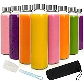 Acshio 8 Pack Glass Juice Bottles with Lids, 16 Oz Reusable Glass Water Bottle with 1 Brush 1 Protective Sleeve, Portable Clear Glasses Containers Drinking Jars for Smoothie, Milk, Juice, Tea