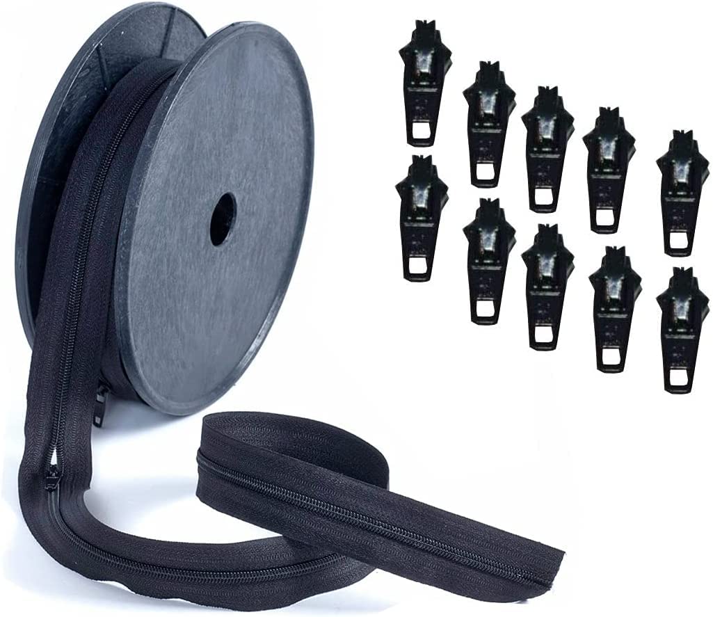 Continuous Zip Black and Beige with Sliders Cushions Upholstery Nylon Coil Zipper Tape for Sewing Heavy Duty zips on roll Number 8 (Black 5 Meter with 10 Sliders)