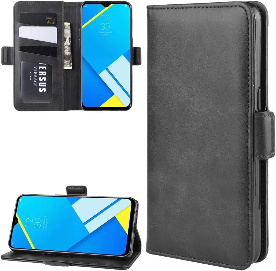 EASYCOB Compatible with Oppo Realme C2 A1K Double Magnetic Button PU Leather Scratch Resistant Wallet Case with Card Slots Cover,Black
