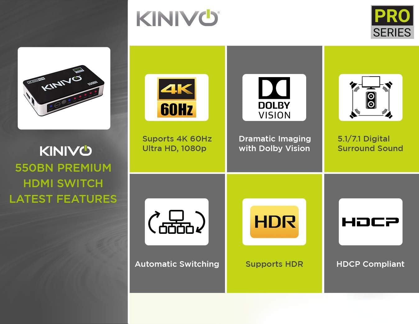 Kinivo 550BN 4K HDMI Switch with IR Wireless Remote (5 Port, 4K 60Hz HDR, HDMI 2.0, High Speed-18Gbps, Auto-Switching): Home Audio & Theater