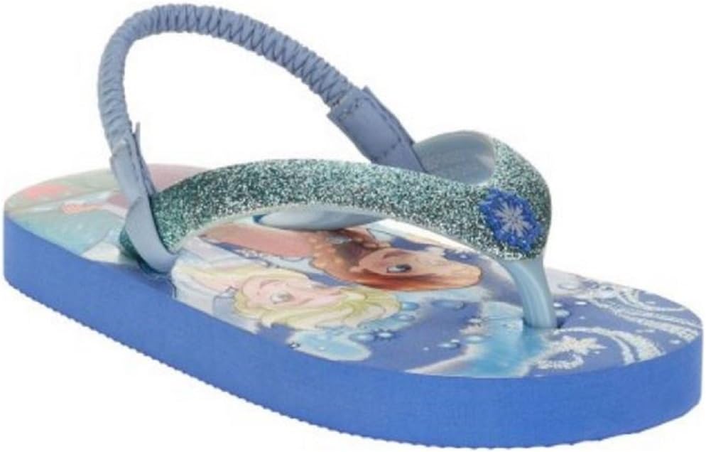 Disney Frozen Beach Flip Flop with Sparkle Band Snowflakes and Elastic Ankle Strap Featuring Elsa and Anna