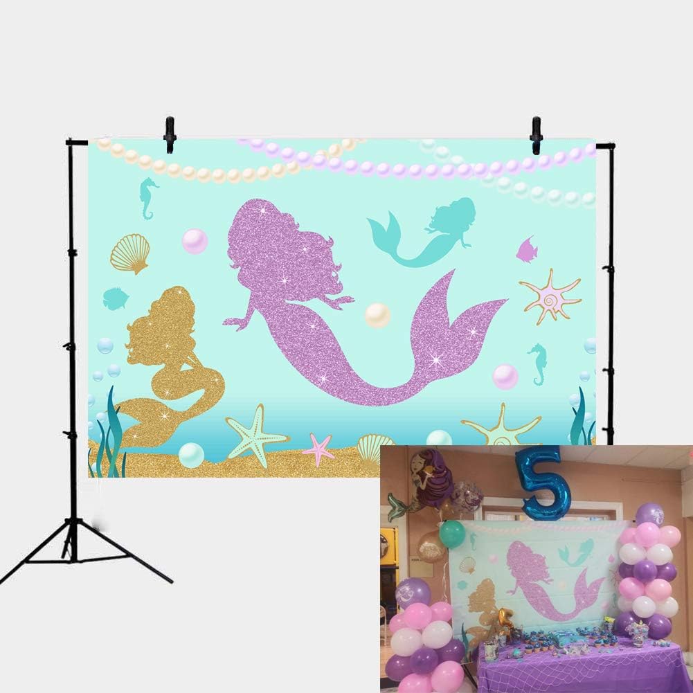Daniu 7x5FT Under The Sea Little Mermaid Backdrop Purple Mermaid Birthday Party Seashells Ocean Party Background Girls Birthday Decor Baby Showers Banner Photography Studio Photo Booth Props