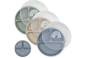 Hippypotamus Toddler Plates with Suction - 100% Food-Grade Silicone Baby Plates with Lids - Microwave & Dishwasher Safe - BPA Free - Set of 3 (Fog/Nude/Sage with LIDS)