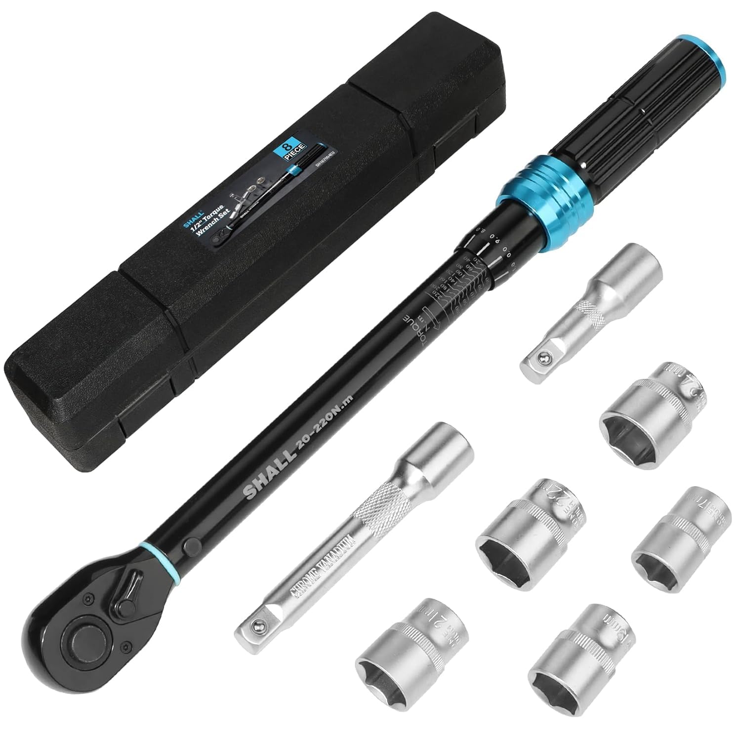 Shall 7-Piece 1/2" Torque Wrench Set, (20-220Nm) Dual Direction Adjustable 72 Tooth for Suitable for car and Motorcycle Maintenance,with Extension Pole and Storage Box