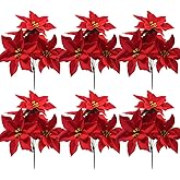WISTART 6Pack Artificial Faux Poinsettia Bush Bouquets - 7 Heads Silk Poinsettia Christmas Tree Ornaments & Arrangement for Xmas Holiday Decor(Red)