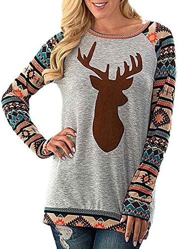 Milazer Christmas Deer Blouse Long Sleeve Geometric Printed Splicing T-Shirt (M)