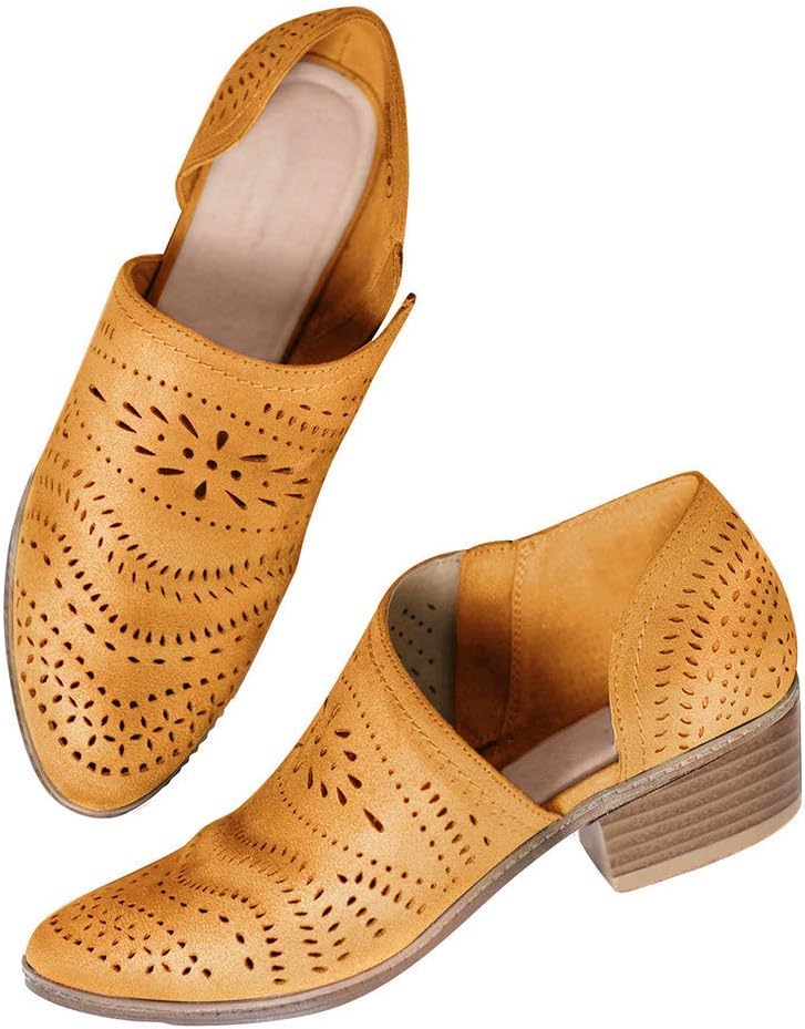 FIRENGOLI Women's Ankle Boots Hollow-Out Low Heel Cutout Booties Cowboy Shoes