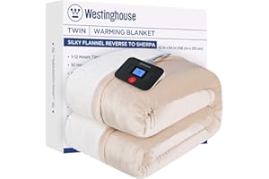 Westinghouse Electric Blanket Twin, Heated Blanket Twin Size with 10 Heating Levels and 1 to 12 Hours Heating Time Settings, Flannel to Sherpa Reversible, Machine Washable (62" x 84", Beige)