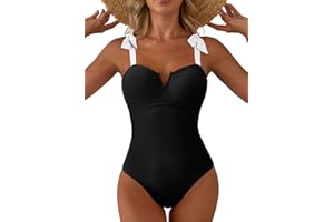 Aleumdr Women's One Piece Swimsuits Tummy Control Bathing Suits V Neck Boho Tie Shoulder Ruched Full Coverage Swimwear