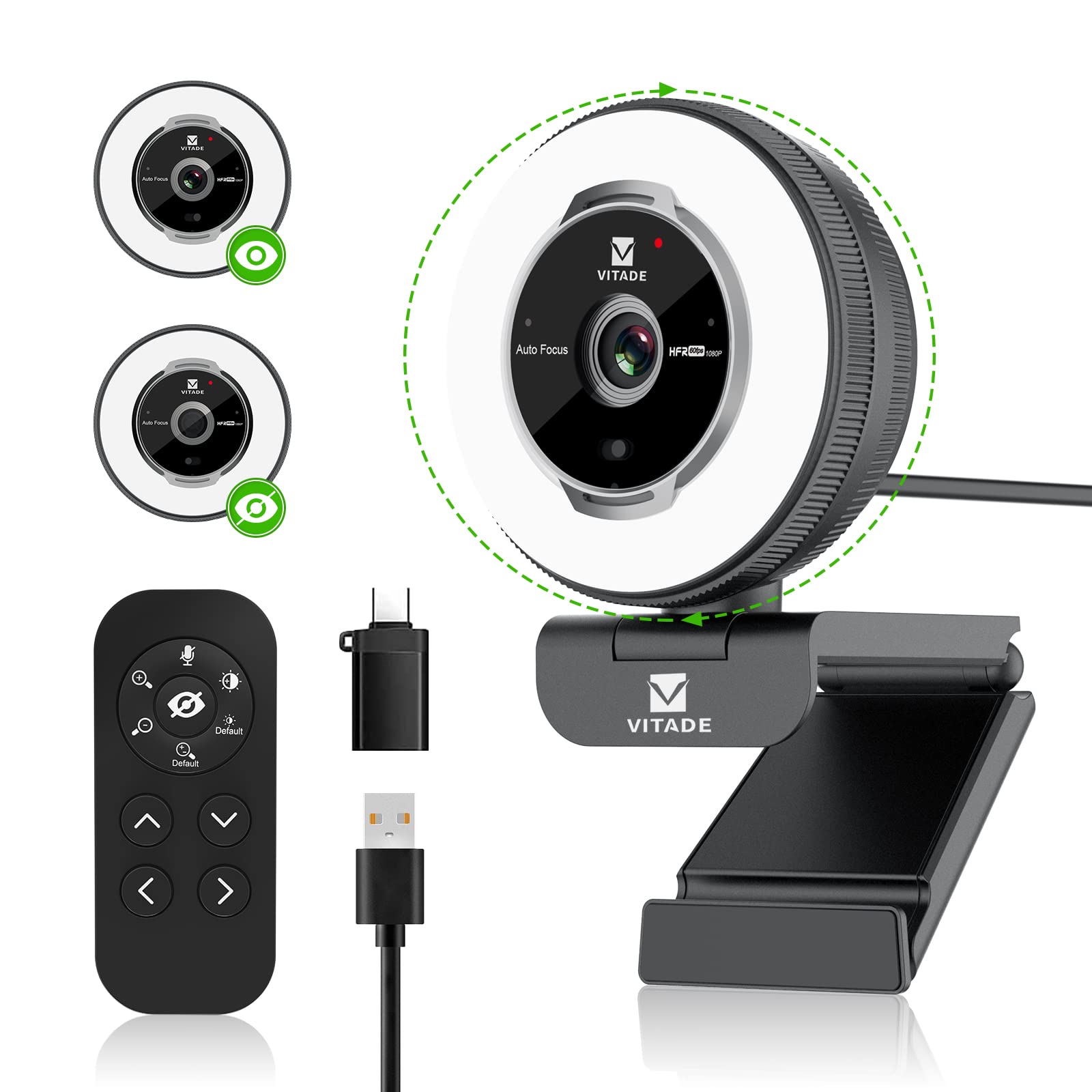 Vitade Streaming Webcam with 1080p FHD at 60fps and Adjustable Ring Light