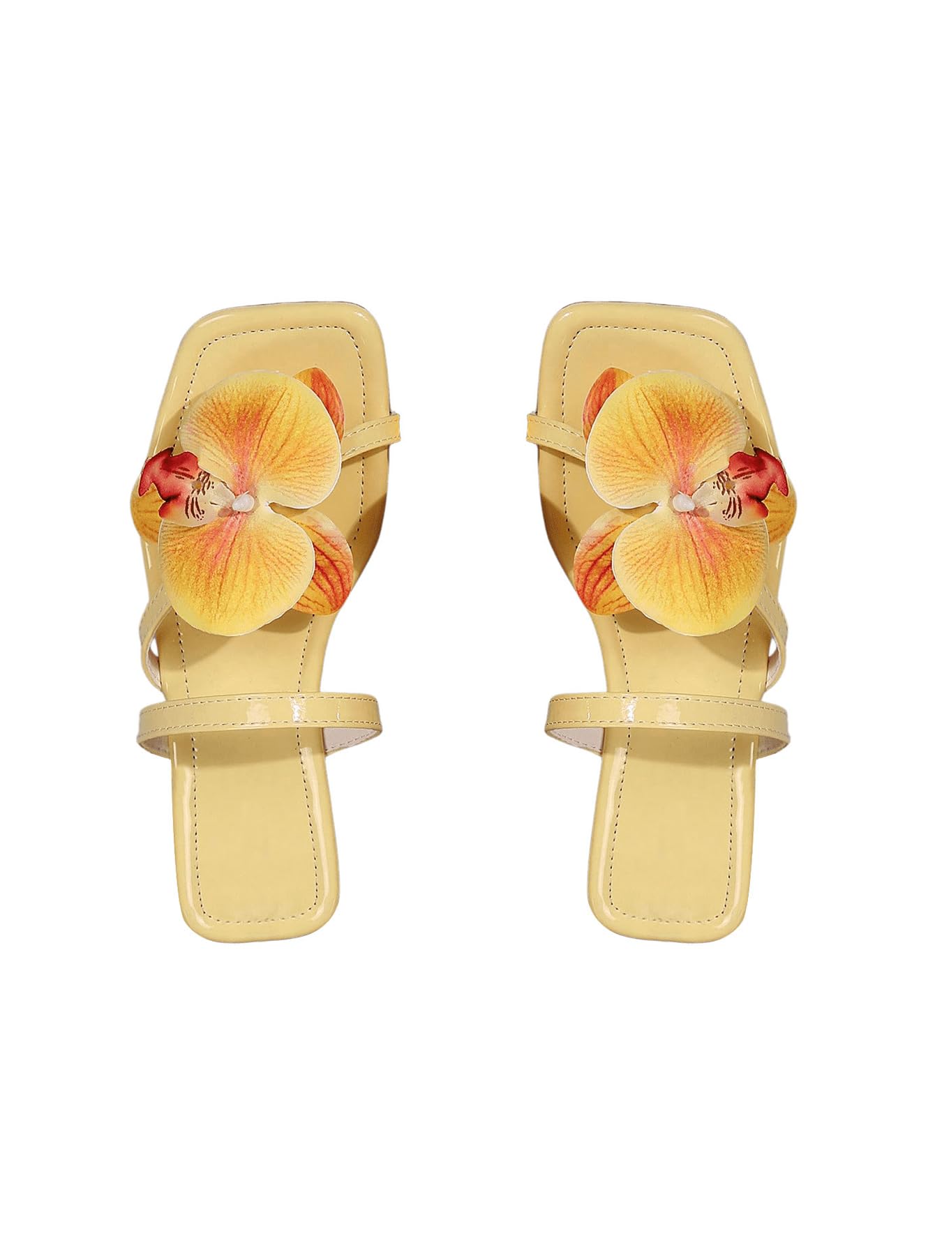 Photo 1 of GORGLITTER Women's 3D Floral Appliques Flip Flops Flat Sandals Flower Square Open Toe Thong Summer Dressy Slides Shoes Yellow 6.5