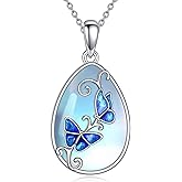 POPLYKE Butterfly Necklace Sterling Silver Blue Butterfly Jewelry Moonstone Pendant for Women