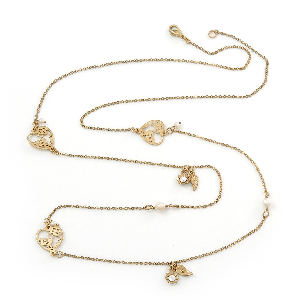 Avalaya Heart/Freshwater Pearl/Flower Long Chain Necklace/Gold Tone/Vintage Inspired/ 86cm L