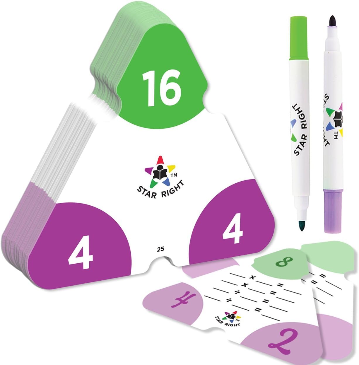 Star Right Math Triangle Flash Cards, Multiplication and Division Facts 0-12, Double-Sided, 2 Write and Wipe Cards Included, 2 Erasable Markers, for Ages 8 & Up
