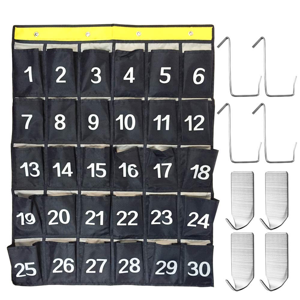 AFUNTA 30 Numbered Pockets Classroom Calculator Holder & Cell Phone Pockets Chart Organizer Hanging Door and Wall Storage Bag with 4 Adhesive Hooks / 4 Door Hooks - Navy