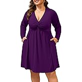 Manllenshie Womens Plus Size Dress Casual Deep V Neck Twist Knot Front Flowy Midi Dresses 2 Pockets Long Sleeve (Purple,4XL)