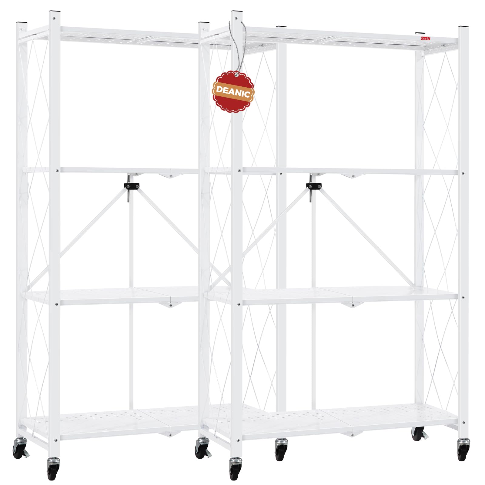 Photo 1 of DEANIC 4 Tier Foldable Storage Shelves with Wheels, Large Capacity Shelving Unit, Freestanding Metal Wire Shelf Rack, No Assembly Organizer Rack for Garage Kitchen, Basement, Pantry(White Pack of 2)
