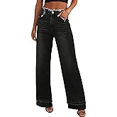 LBDLONGBIDA Women's Wide Leg Jeans Stretchy High Waisted Baggy Jeans 2026 Trendy Loose Fit Frayed Raw Hem Denim Pants