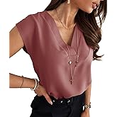 Lynwitkui Women's V Neck Chiffon Blouses Cap Sleeve Shirts Casual Loose Work Office Solid Tops