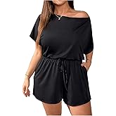 Verdusa Women's Plus Size Off The Shoulder One Piece Rompers Summer Vacation Outfits Tied Knot Short Jumpsuits with Pockets
