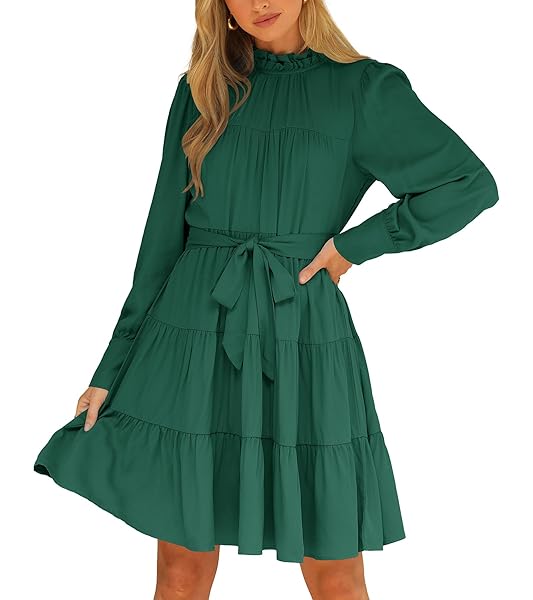 OKIWAM WOMEN’S CASUAL TIERED DRESS SOLID COLOR CREW NECK RUFFLE DRESS LONG SLEEVE MINI DRESS A LINE DRESSES