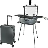 RUKEJUNE Rolling Makeup Train Case with Mirror and Lights Cosmetic Travel Box Mobile Barber Stations with Bluetooth, Speaker, Wheels, Stands