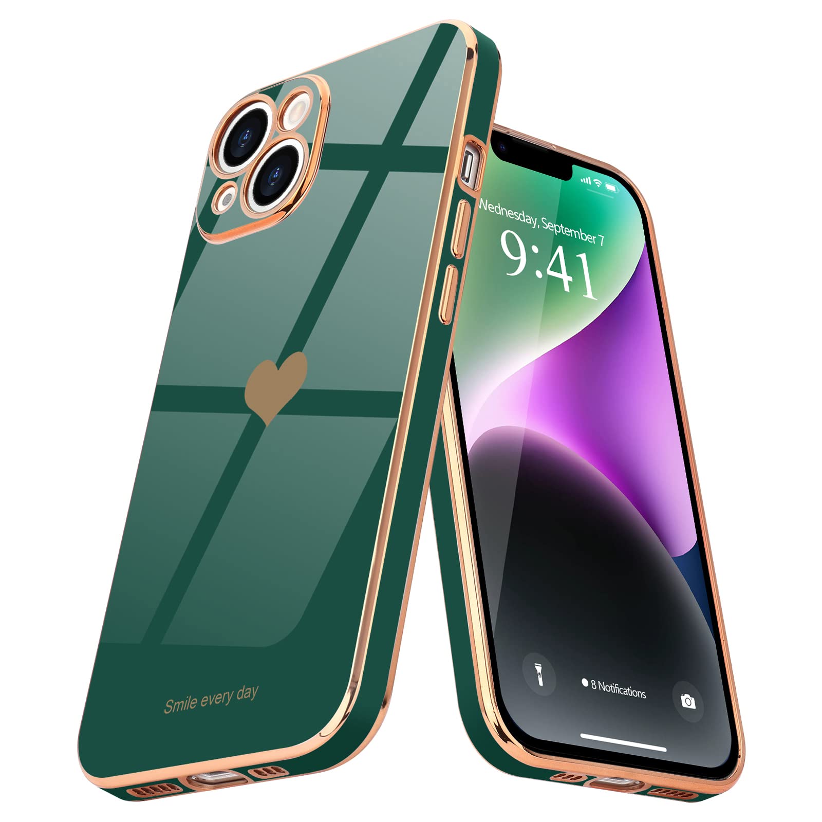 Teageo for iPhone 14 Case Cute Heart Pattern for Women Girls Slim Luxury Bling Plating Soft TPU Anti-Scratch Shockproof Bumper Phone Case for iPhone 14, Blackish Green