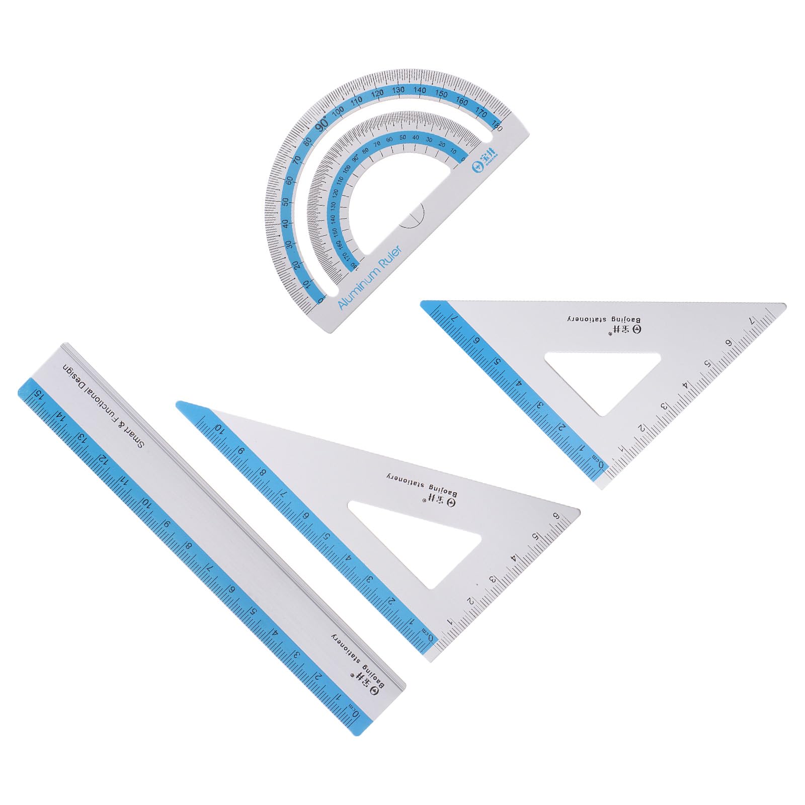 Kozelo 8pcs Geometry Set - [15cm Ruler] Aluminum Alloy Precise Measurement Laser Engraving Math Set Blue for Office Classroom Use, 180 Degree Protractor 7cm Triangle 10cm Triangle