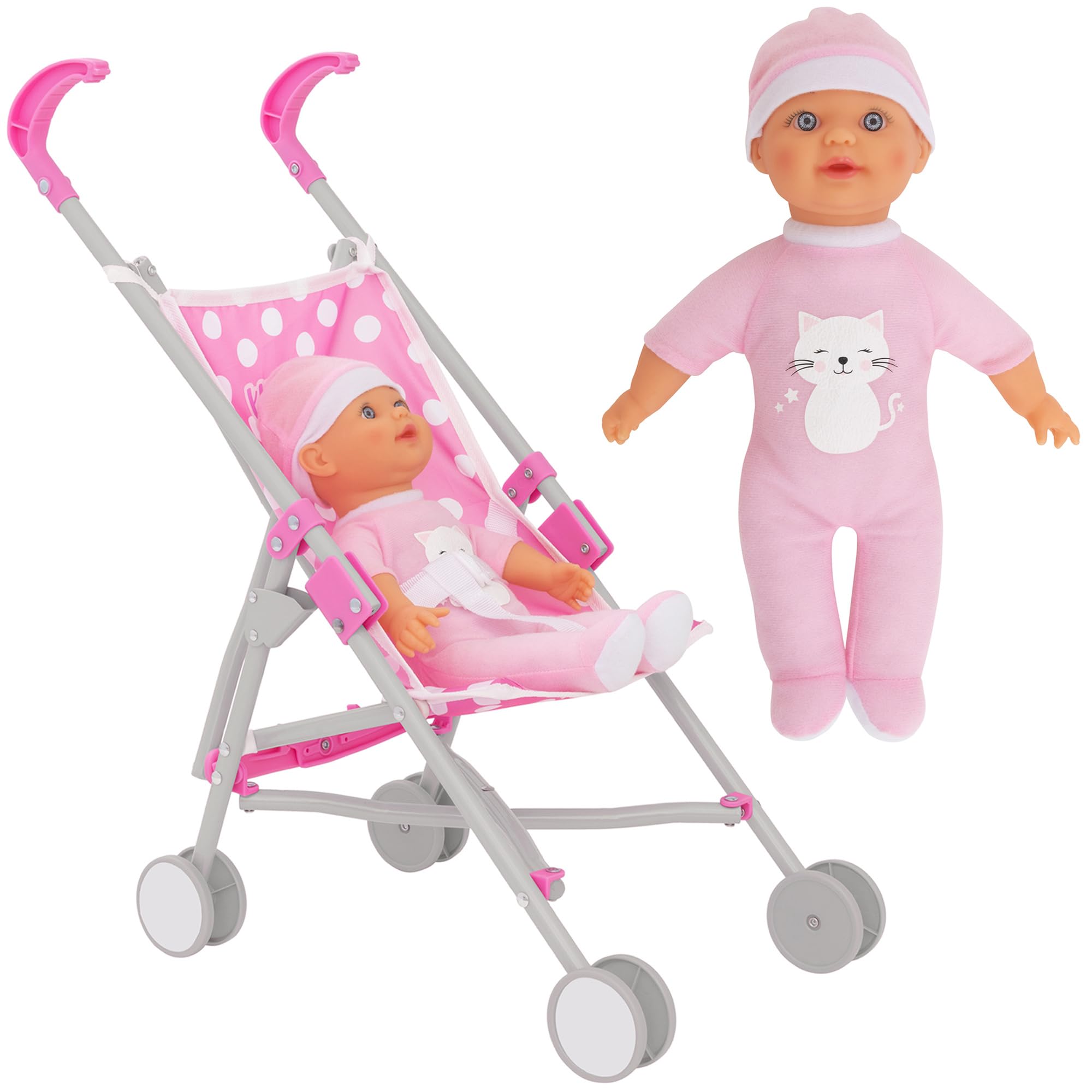 Dolly Tots Single Stroller & Doll | Pink Polka Dot Pushchair for Ages 2+ | Lightweight Umbrella Fold Buggy with Matching Doll | Toy Stroller for Girls & Boys | Role Play Fun for Kids 3+