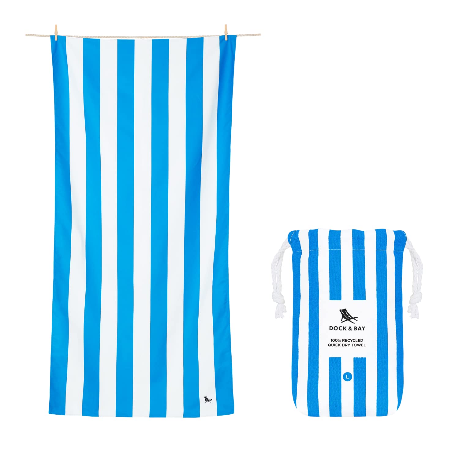 Dock & Bay Beach Towel - Quick Dry, Sand Free - Compact, Lightweight - 100% Recycled - Includes Bag - Cabana - Bondi Blue - Extra Large (200x90cm, 78x35")