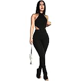 Ekaliy Two Piece Outfits for Women Sleeveless Crop Top Ribbed High Waist Long Pants Sets Party Jumpsuits Clubwear