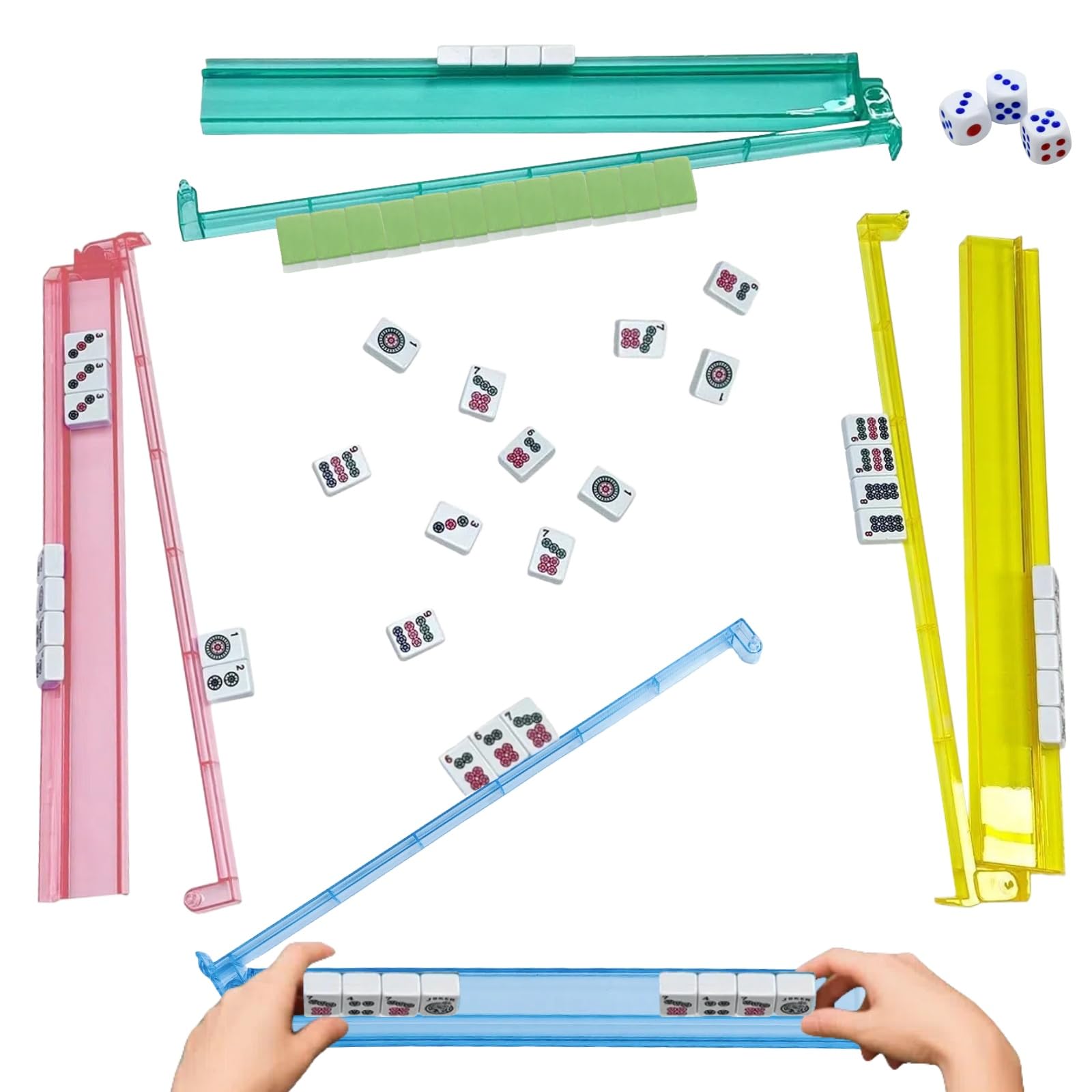 Photo 1 of **MISSING ONE GREEN**Silanit Clear Mahjong Racks with Pushers – Long-Lasting Tile Holder Set of 4 with Bonus Dice, Multi-Color Trays for American Mahjong, Game Nights, Clubs, or Travel
