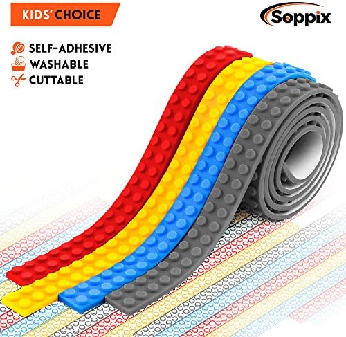 Building Block Tape, Compatible with DUPLO &amp; Lego Bricks, KRE-O, Mega Bloks, Self Adhesive Block Tape Rolls for Kids: Cut, Peel, Stick – Fun pack of 4 Rolls (4 Rolls)