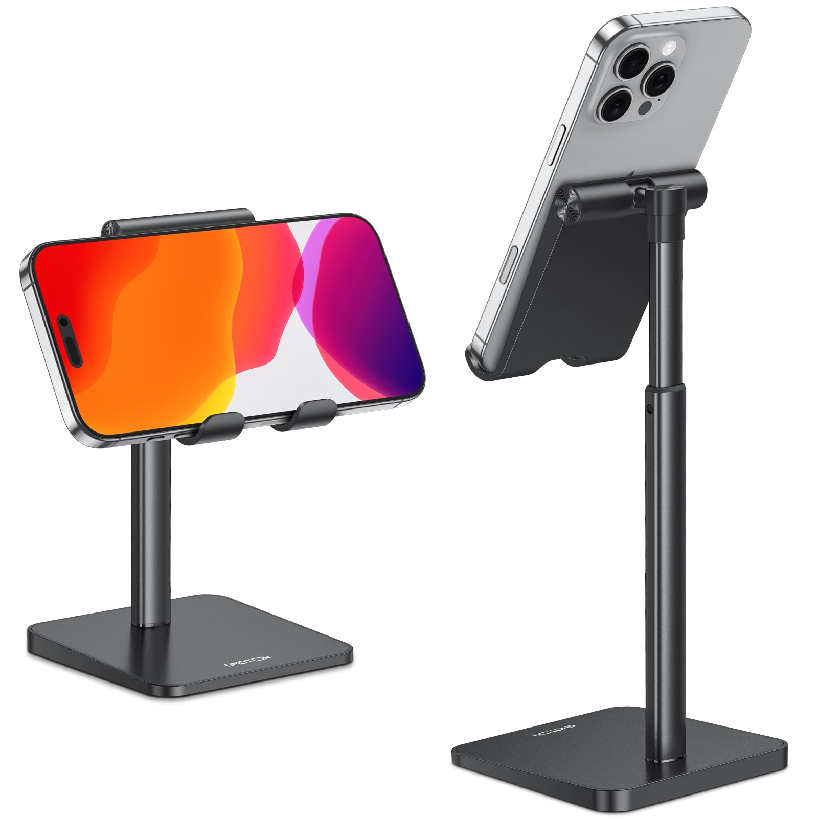 OMOTON Phone Stand, Angle Height Adjustable Vertical Desktop Mobile Phone Stand, Holder, Compatible with iPhone 17 16 15 14 13 Pro Max Air and All Smartphones (Up to 7 In)-Black