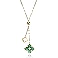 Lavari Jewelers Malachite, Black Onyx or Mother of Pearl and Cubic Zirconia Double Flower Pendant Necklace for Women - Gold Plated Sterling Silver Necklace for Her - 16 to 18 Inch Adjustable Chain