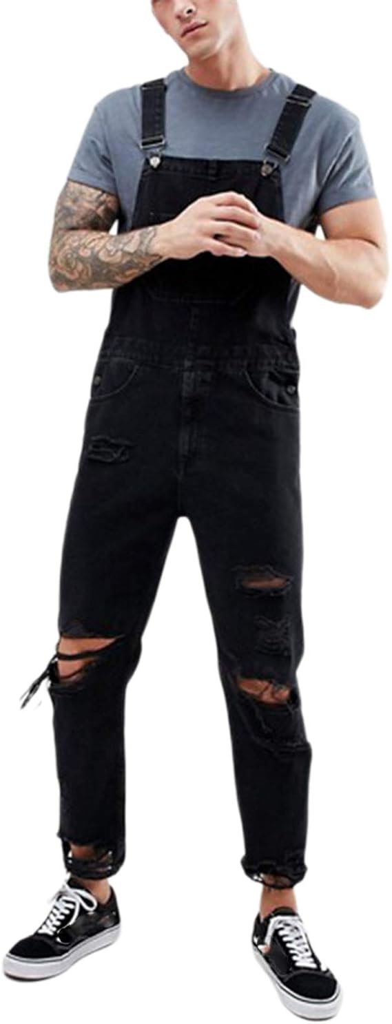 Amazon ファッション メンズ オーバーオール スキニー デニム ヴィンテージ リップド パンツ スリムフィット ジャンプスーツ ダンガリー ジーンズ 通気性 アンティーク調 Us サイズ Large カラー ブラック ジーンズ 通販