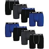 Reebok Mens Boxer Briefs - 8 Pack Stretch Performance 6" Inseam Moisture Wicking Mens Underwear Boxers with Contour Pouch