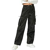 Curipeer Kids Girls Cargo Solid Pants Elastic Girls Stretch Multiple Pockets Long Pants 6-14T