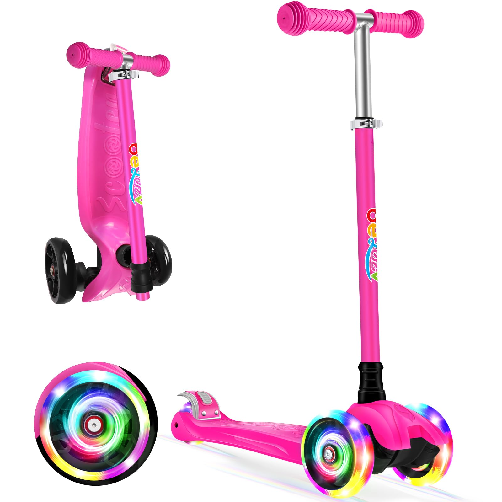 BELEEV Deluxe 3-Wheel Scooter for Kids Age 3-12, Adjustable Height, Lean to Steer, Light Up Wheels, Extra-Wide Deck, Children's Scooter (Pink)