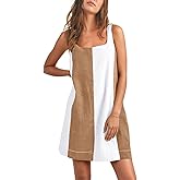CHARTOU Women Summer Sleeveless Linen Dress Color Block Short Beach Vacation Tank Dress