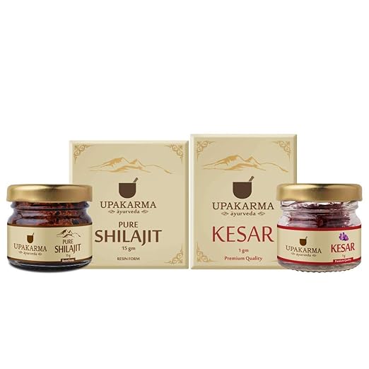 Upakarma Ayurveda Natural & Pure Resin Raw 15 Grams Shilajit with 1 Gram Kashmir Kesar Saffron - Regular Pack