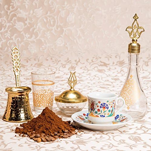 5 Pieces Turkish (Greek &amp; Arabic) Coffee Making &amp; Serving Gift Set Box - Copper Pot, Porcelain Cup and Saucer, Sugar Bowl, Water Glass and Scent Bottle