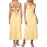 EYNMIN Lace Strap Midi Dress Sweetheart Neckline Bow Tie Backless A Line Wedding Guest Dresses for Women Casual Sundress