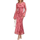 ZESICA Women's Long Sleeve Floral Bodycon Dress 2026 Spring Fall Ruched Mesh Wedding Guest Cocktail Party Maxi Dresses