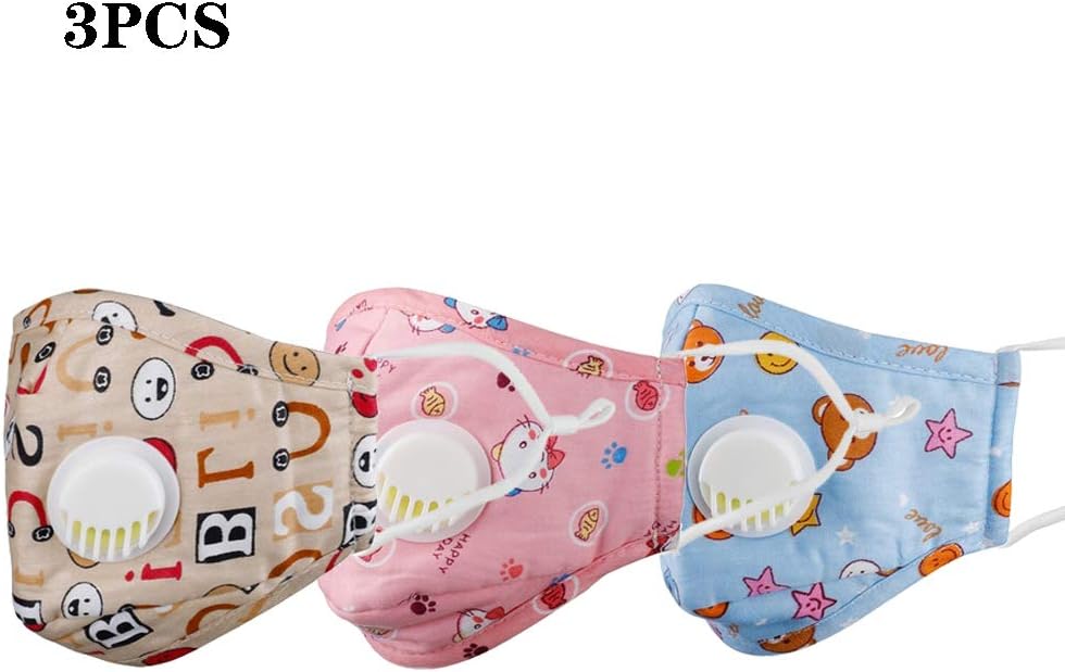 WONMAX Kids Reusable Washable Face Cover 4 Layer Cotton Dustproof Protective Cover with Adjustable Earloops & Activated Carbon Valve, 10 Filters
