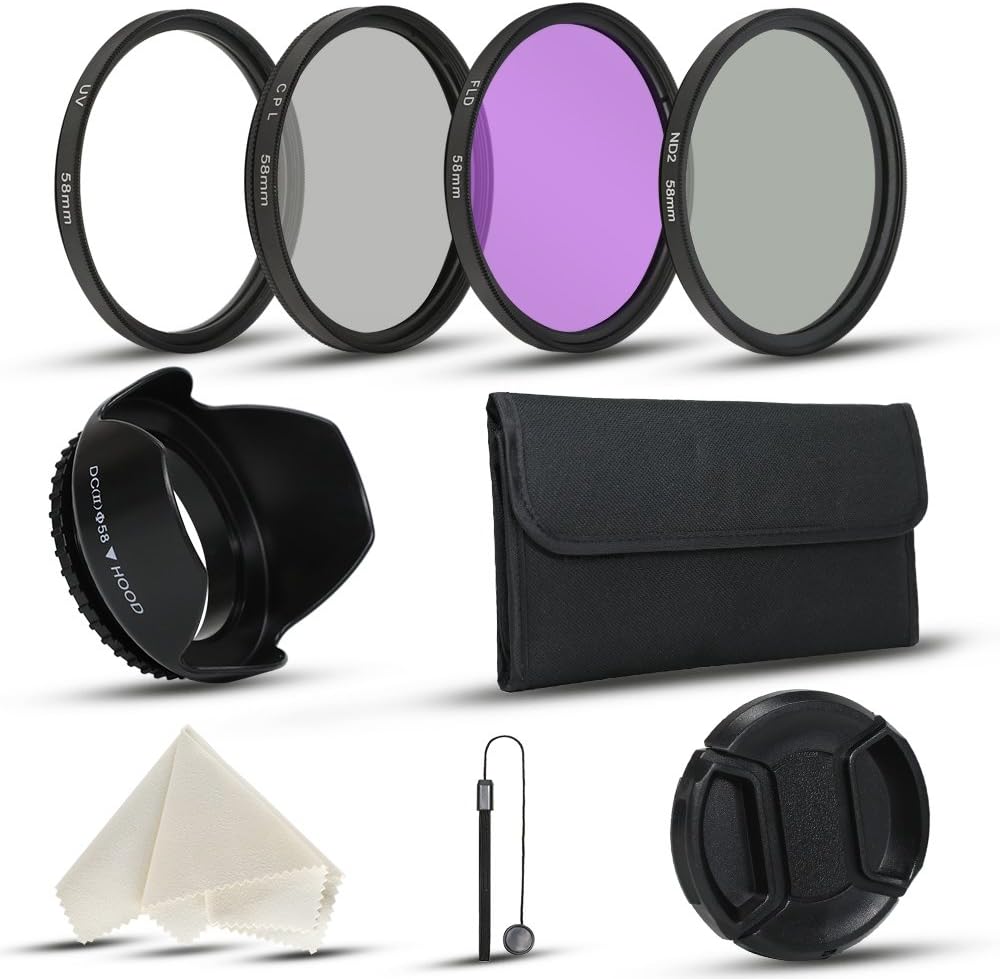 58mm Camera Lens Filter Kits for DLSR Canon Nikon Fujifilm Cameras with ND2 UV CPL (Polarizer Filter) FLD Filters, Filters Pouch, Lens Cap, Lens Hood
