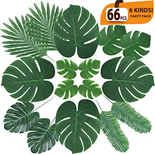 ElaDeco 66 Pcs Artificial Palm Leaves Tropical Faux Leaves with Stems for Jungle Party Safari Decorations Supplies Hawaiian Luau Beach Theme Birthday Party (6 Kinds)